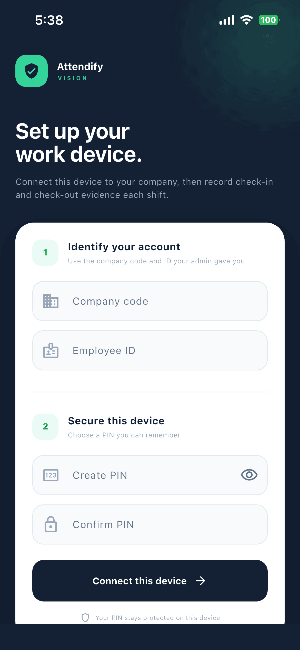 Connect a work device in the published Attendify Vision worker app
