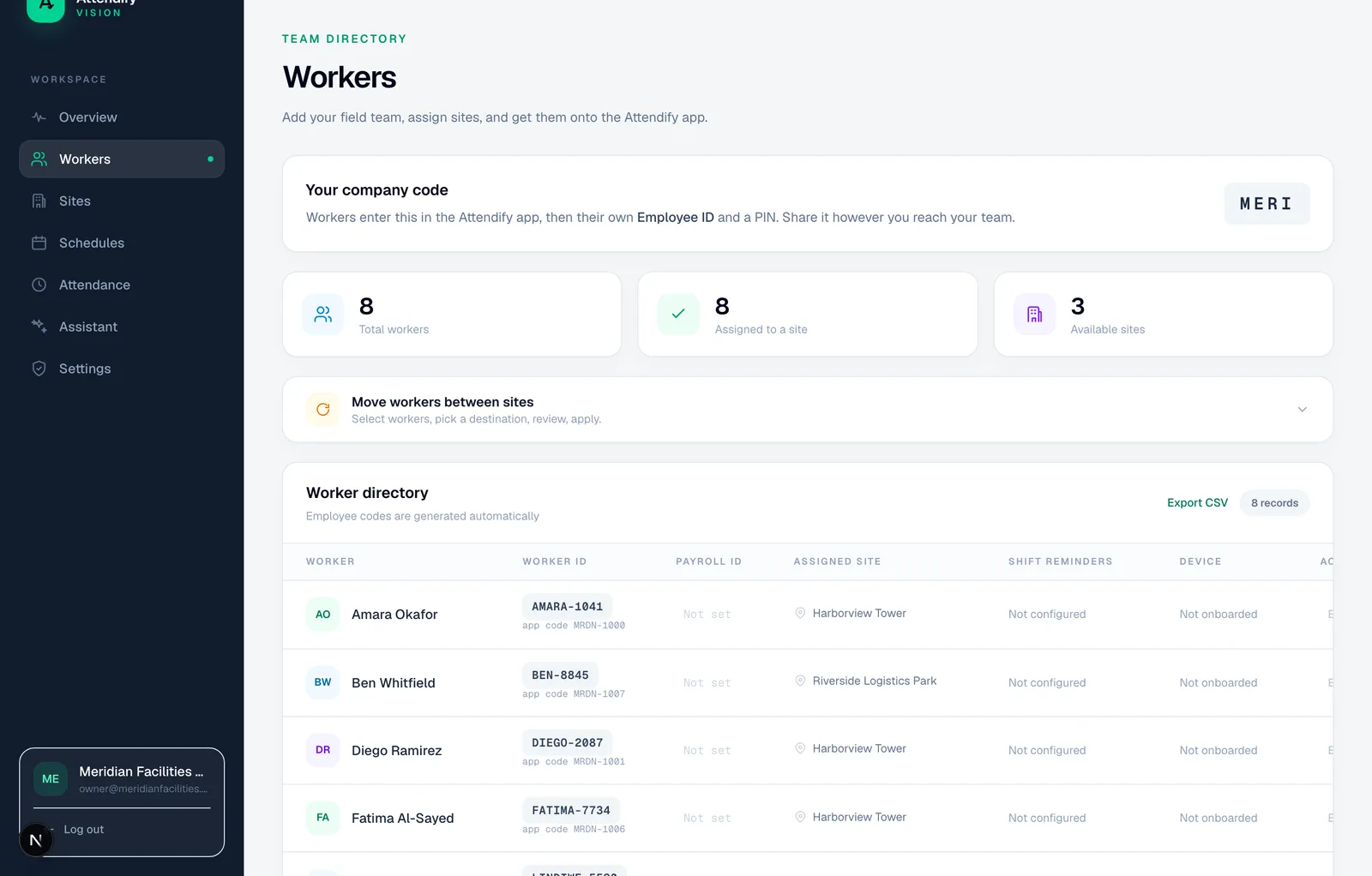 Attendify worker directory showing each worker's ID, assigned site and app onboarding status